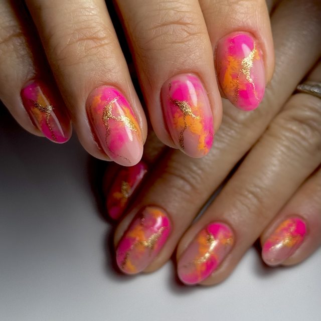 Hot pink and gold foil marble nail art by The Nail Editor