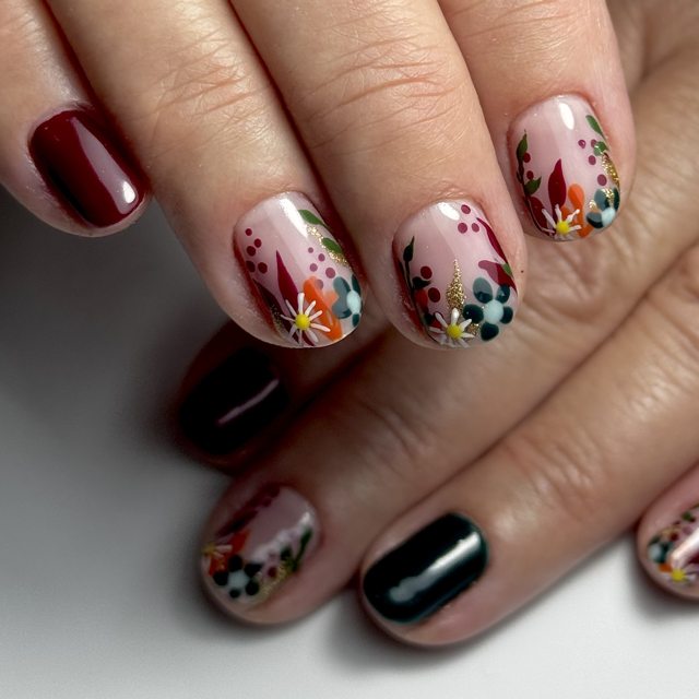 Burgundy autumn floral nail art by The Nail Editor