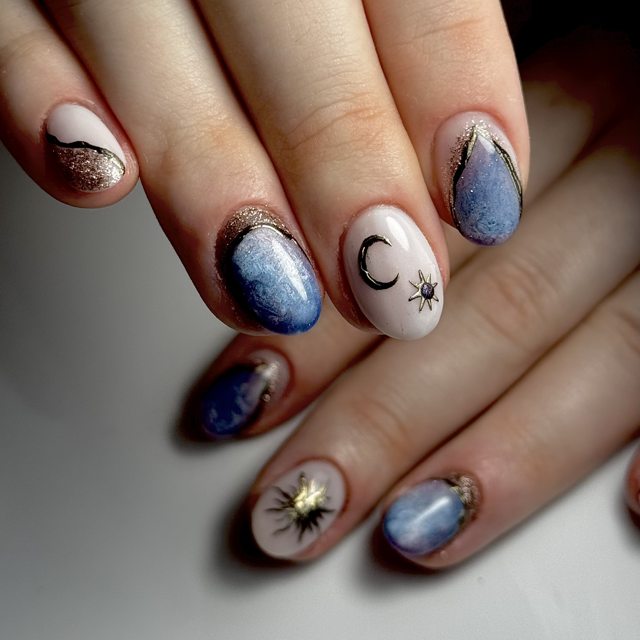 Celestial moon and stars nail art by The Nail Editor