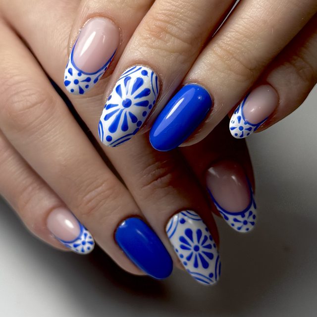 Blue and white porcelain floral nail art by The Nail Editor