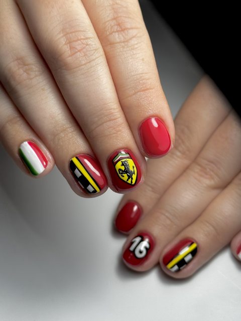 Ferrari Formula 1 inspired nail art in red by The Nail Editor