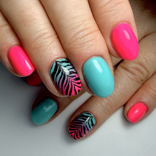Teal and pink tropical leaf nail art by The Nail Editor