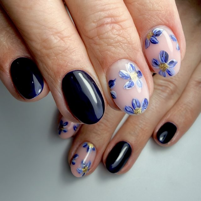 Black nails with lilac floral art by The Nail Editor