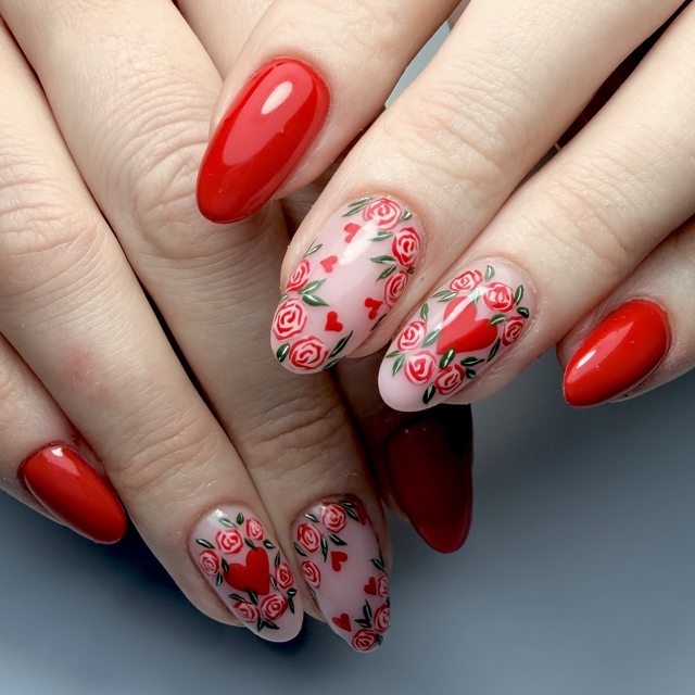 Red nails with delicate florals by The Nail Editor