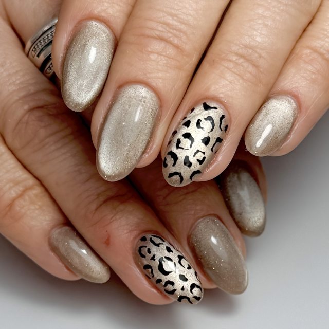 Champagne glitter and leopard nail art by The Nail Editor