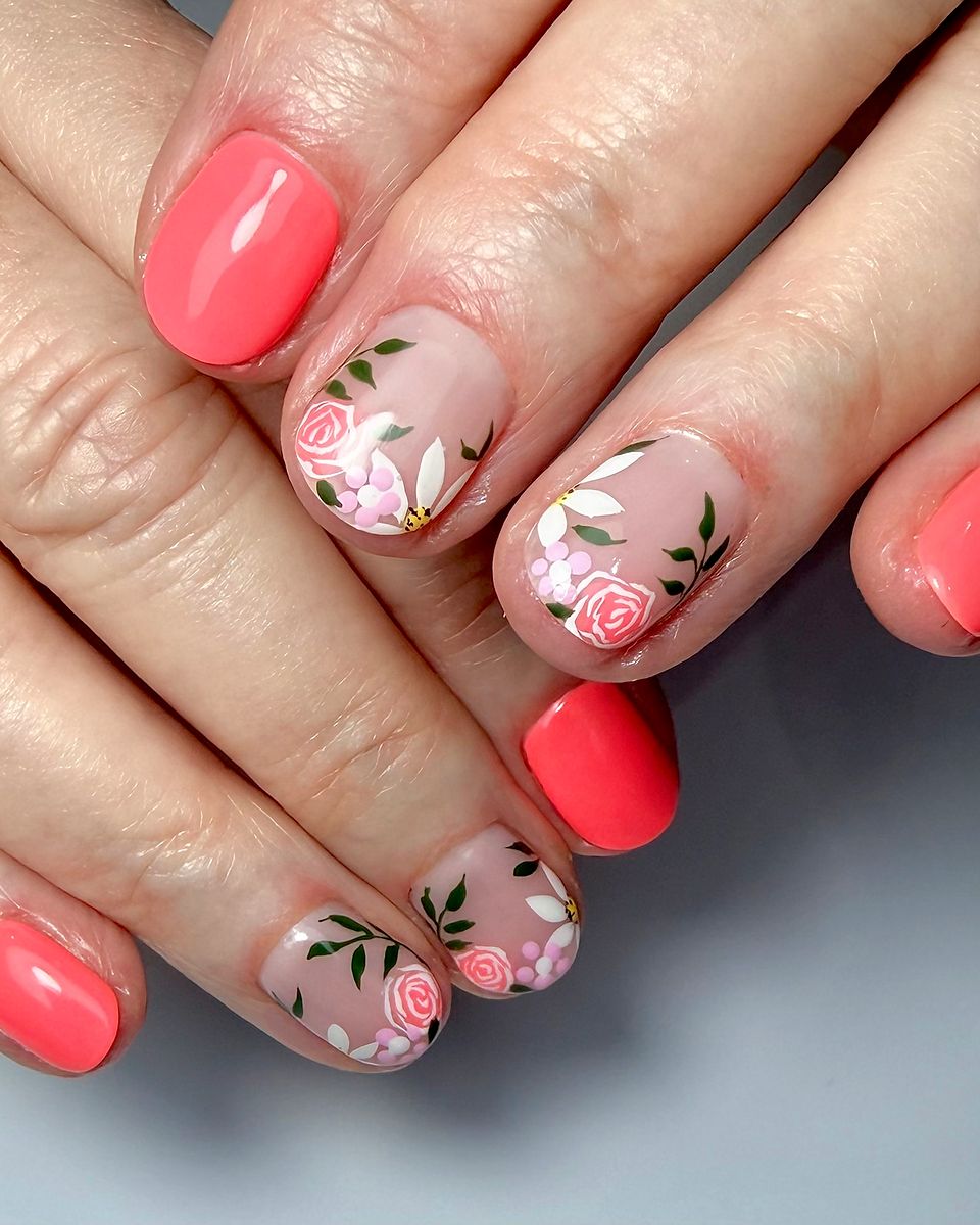 Coral nails with hand-painted roses and daisies by The Nail Editor