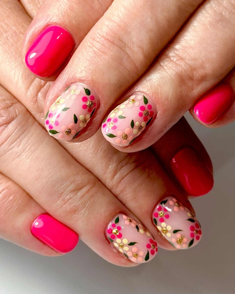 Pink nails with tiny florals by The Nail Editor