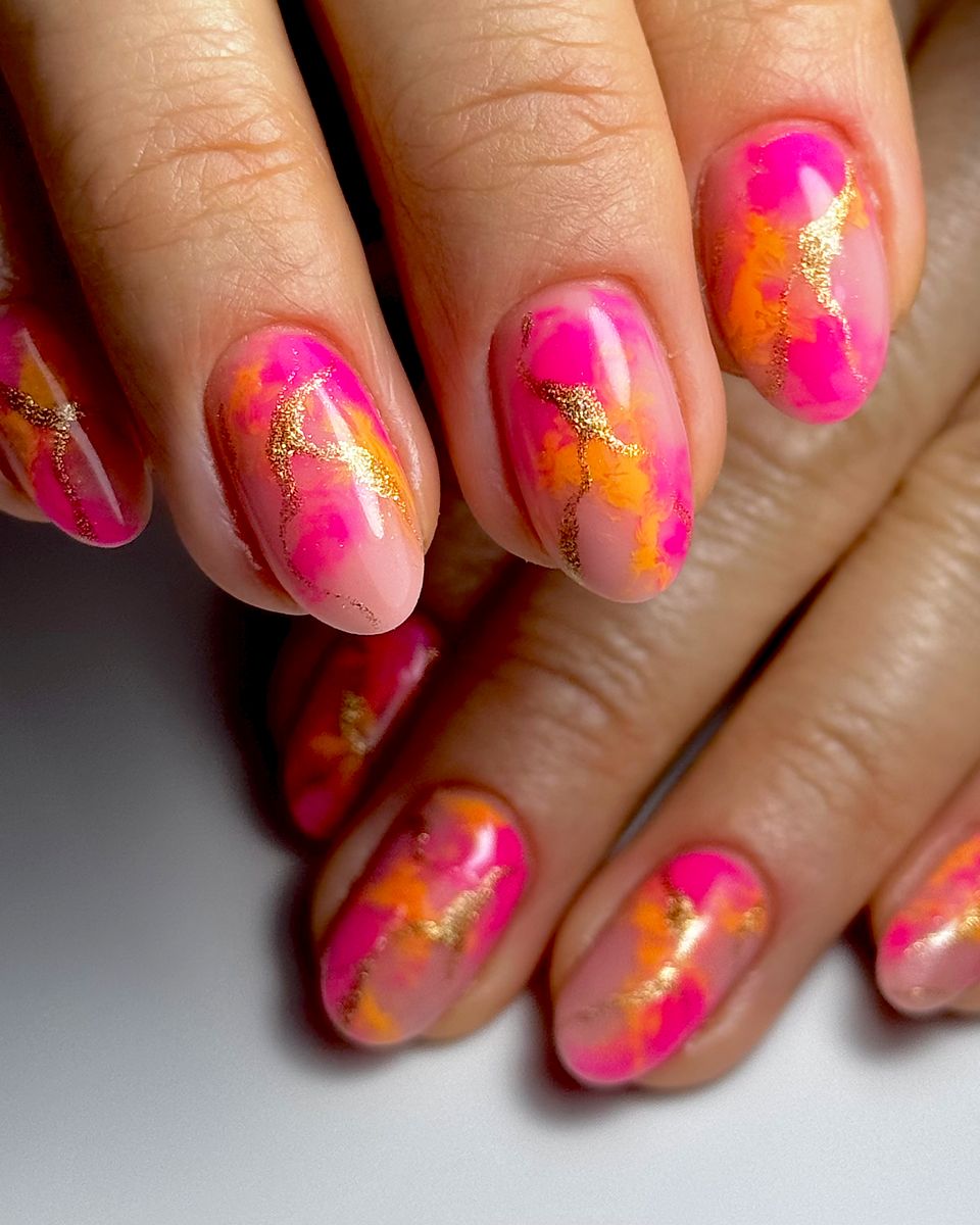 Hot pink and gold foil marble nail art by The Nail Editor