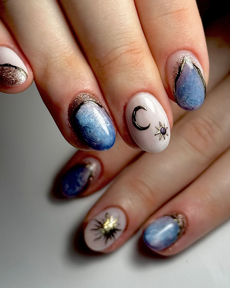 Celestial moon and stars nail art by The Nail Editor