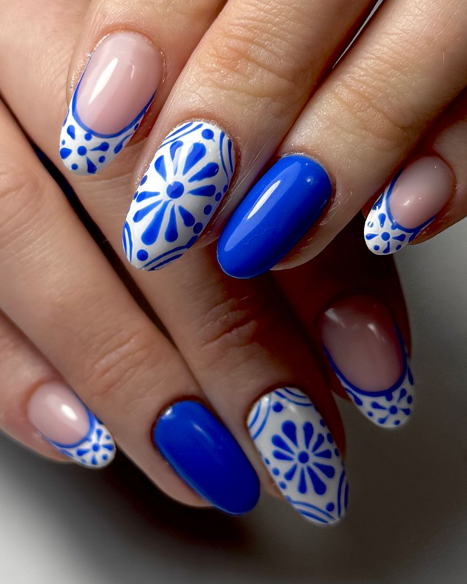Blue and white porcelain floral nail art by The Nail Editor