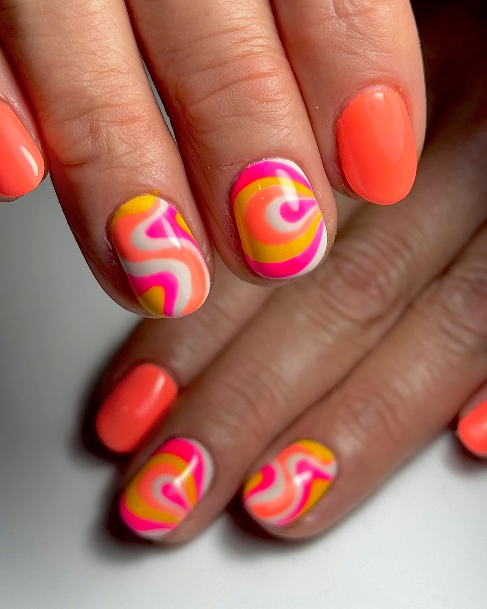 Retro coral swirl nail art by The Nail Editor