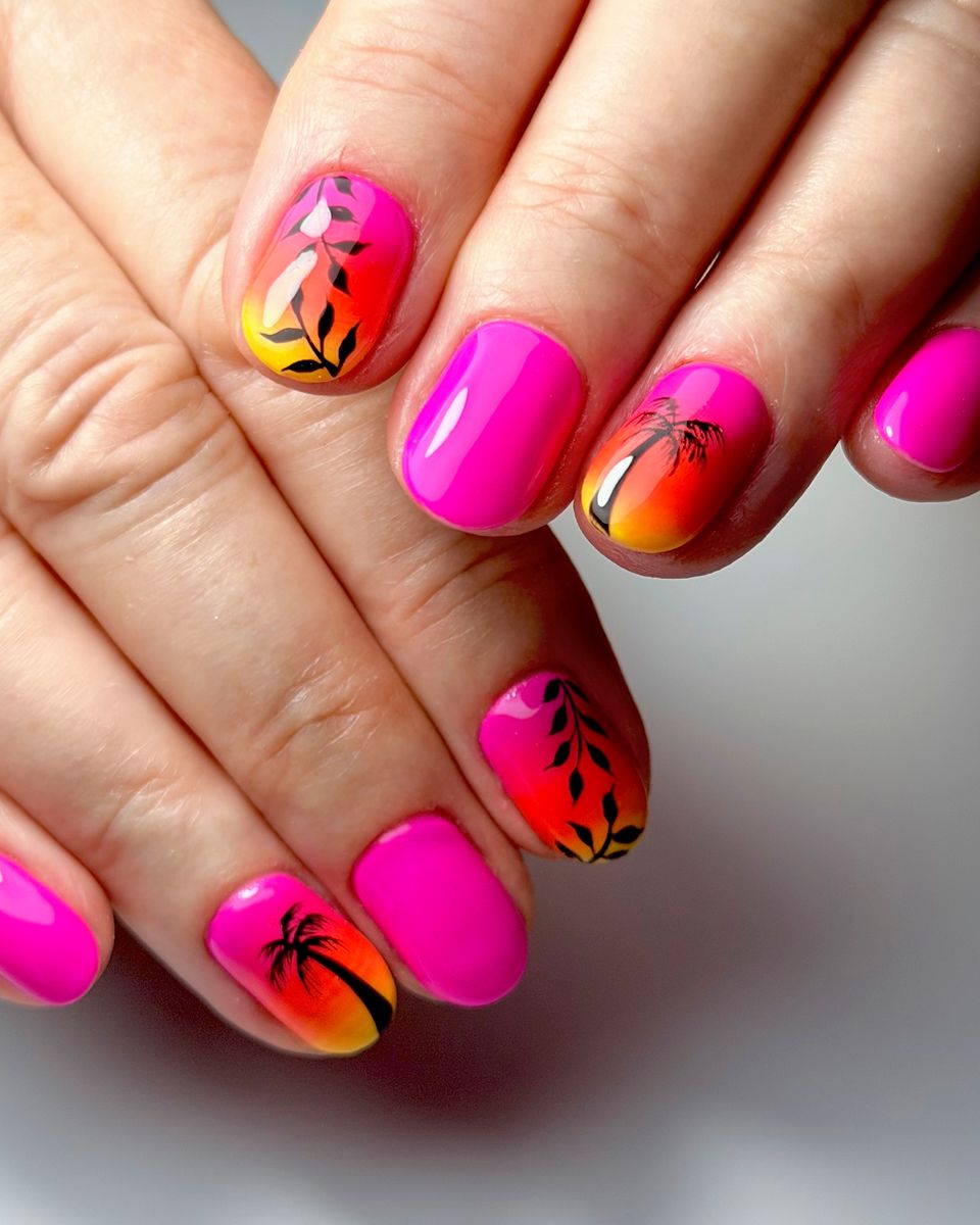 Sunset palm tree nail art by The Nail Editor