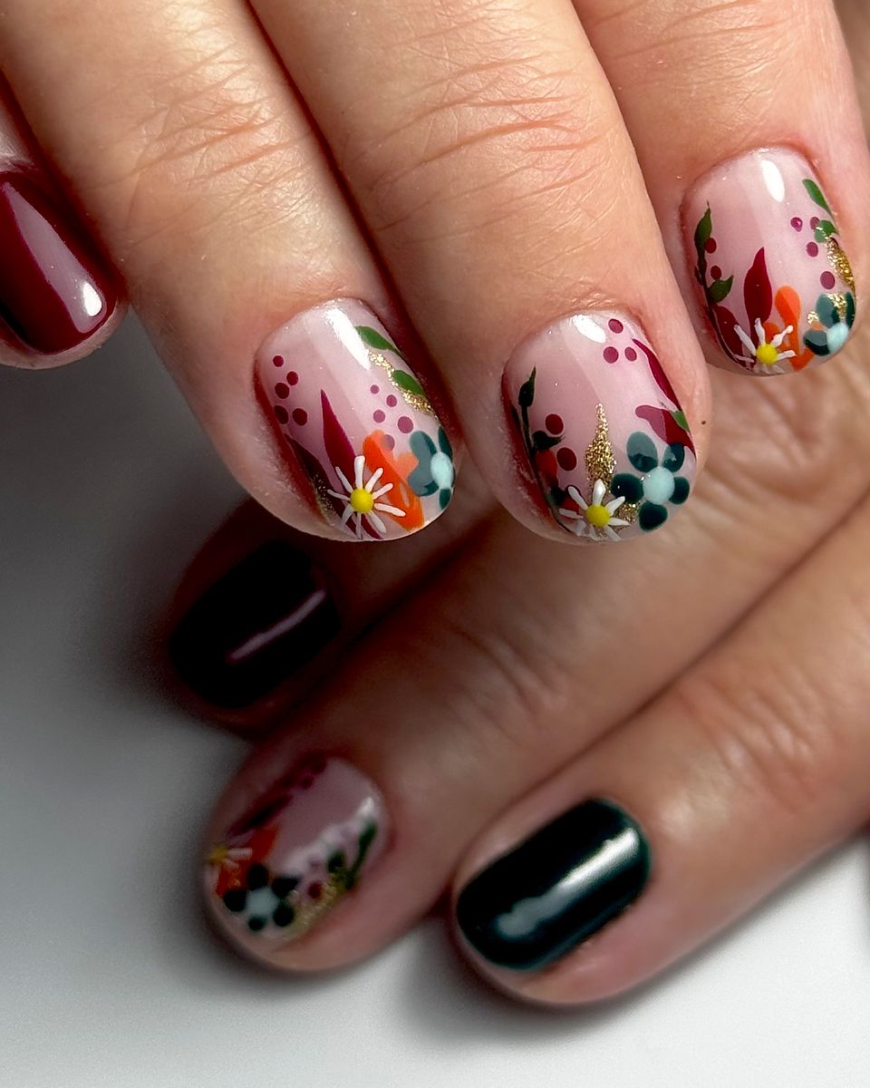 Burgundy autumn floral nail art by The Nail Editor
