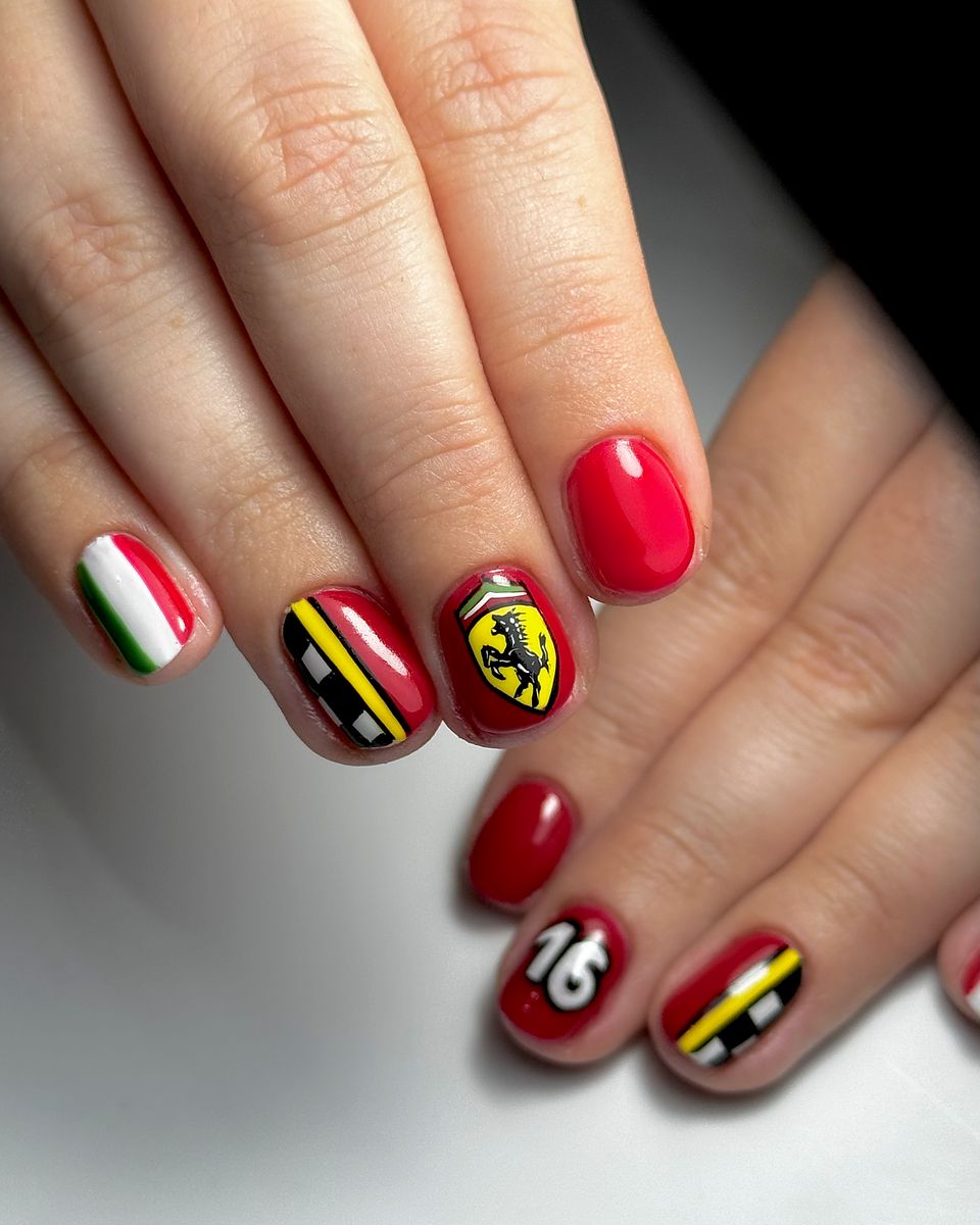 Ferrari Formula 1 inspired nail art in red by The Nail Editor