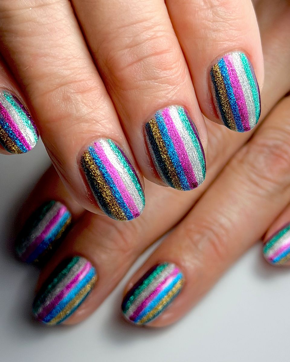 Tinsel-bright metallic stripes by The Nail Editor