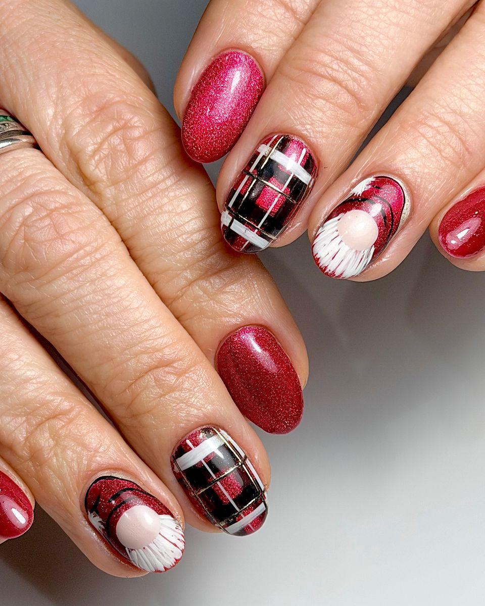 Christmas red with tartan and a hand-painted gnome by The Nail Editor