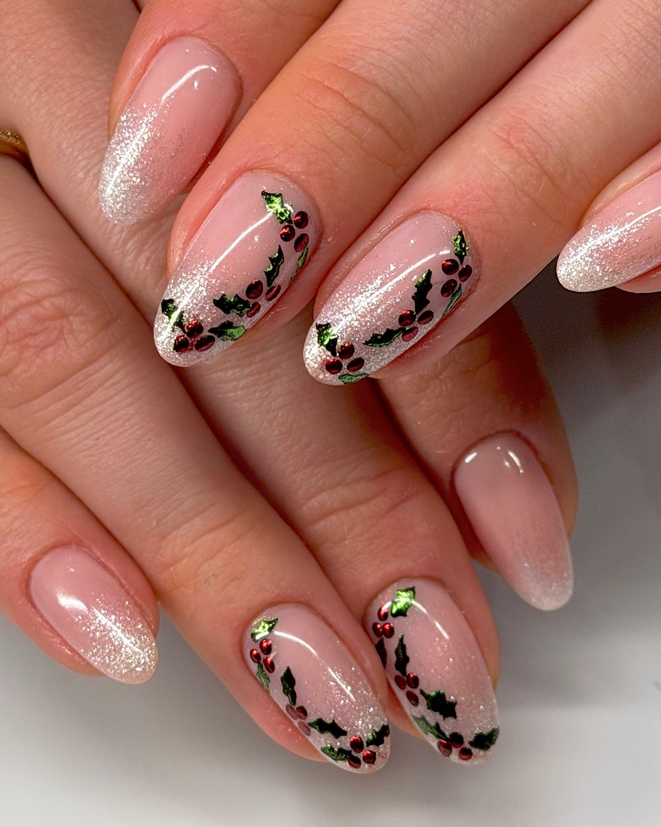 Holly garlands on a glittering nude by The Nail Editor