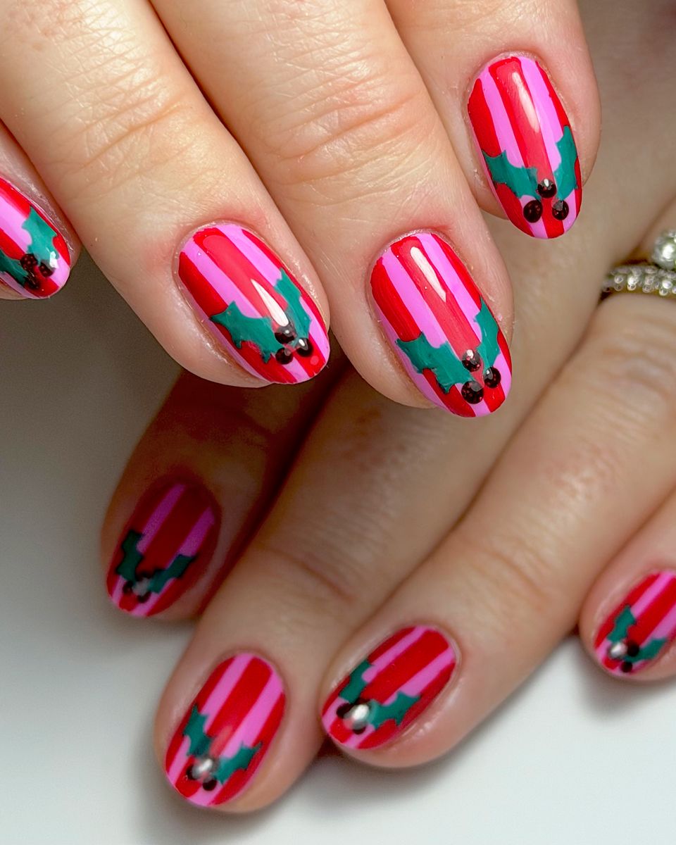 Candy stripes with hand-painted holly by The Nail Editor