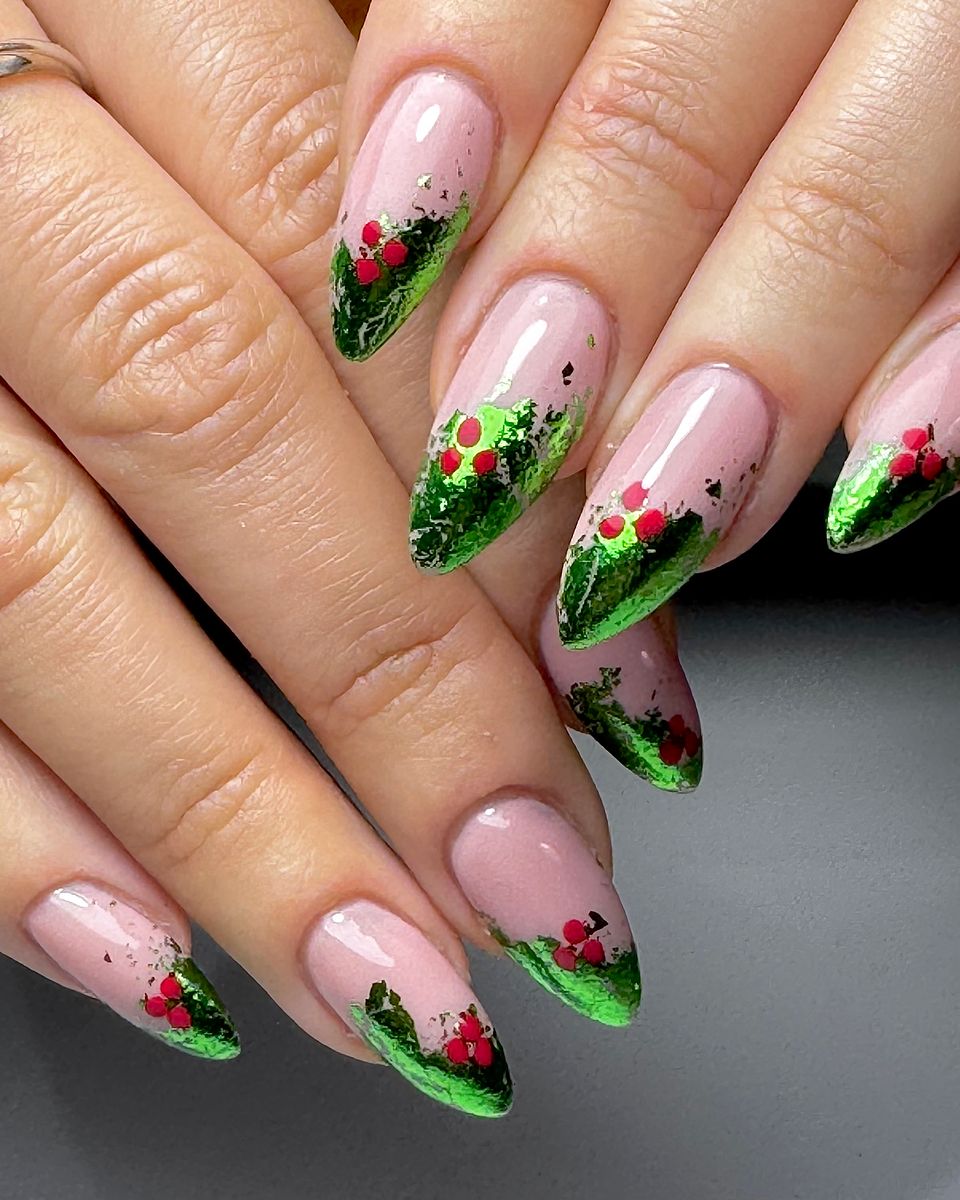 Green foil tips with holly berries by The Nail Editor