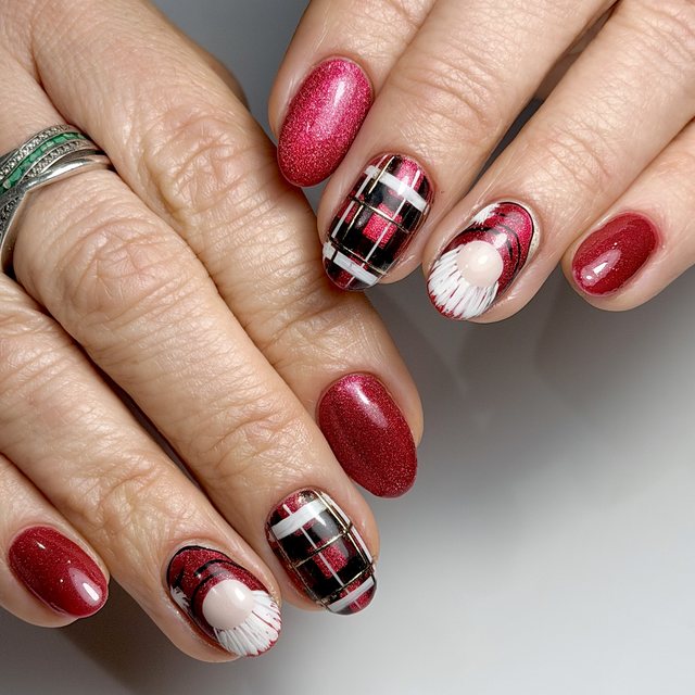 Christmas red with tartan and a hand-painted gnome by The Nail Editor