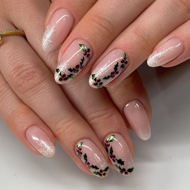 Holly garlands on a glittering nude by The Nail Editor