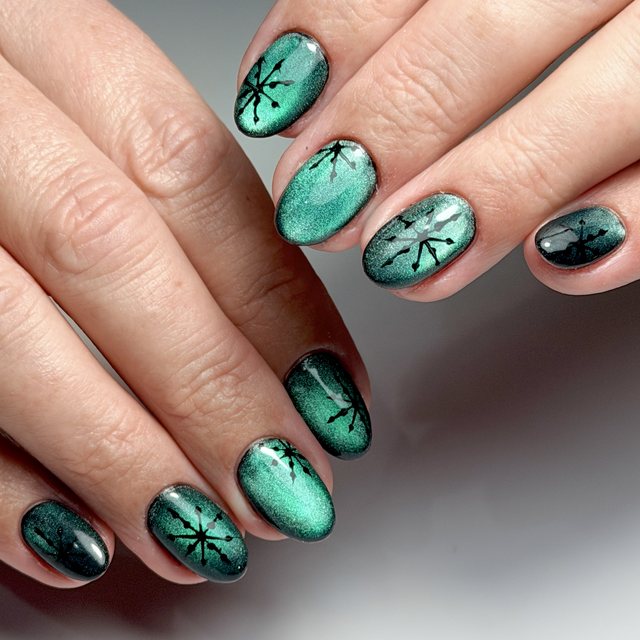 Teal cat-eye with painted snowflakes by The Nail Editor