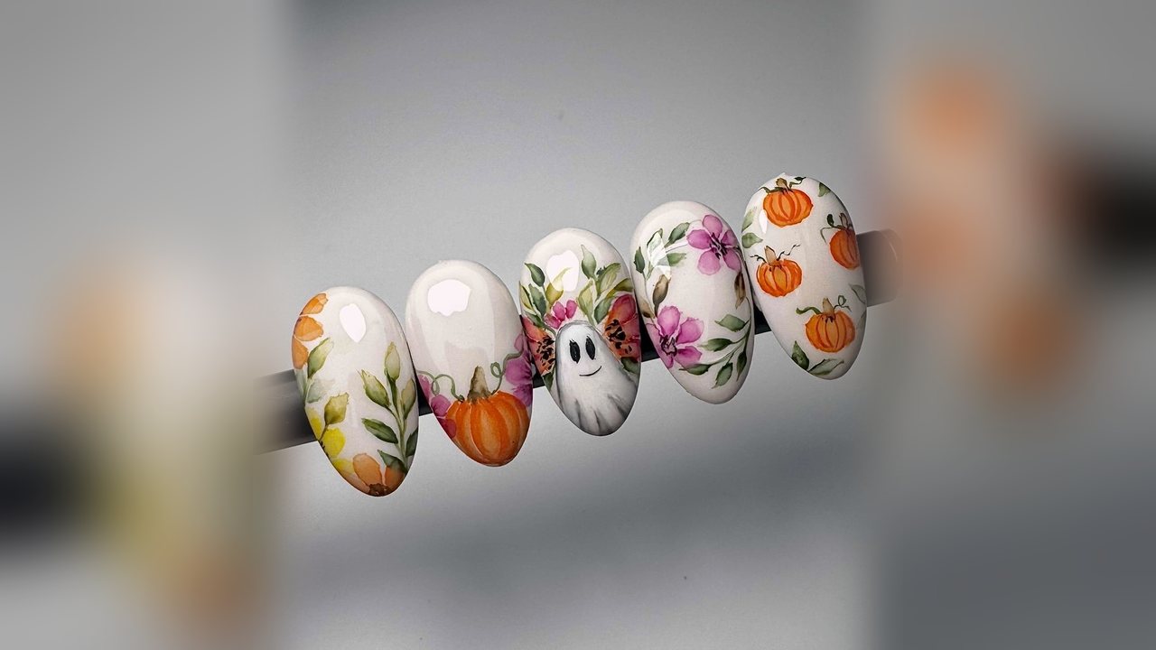 The finished Autumn Watercolours set: all five hand-painted nails together